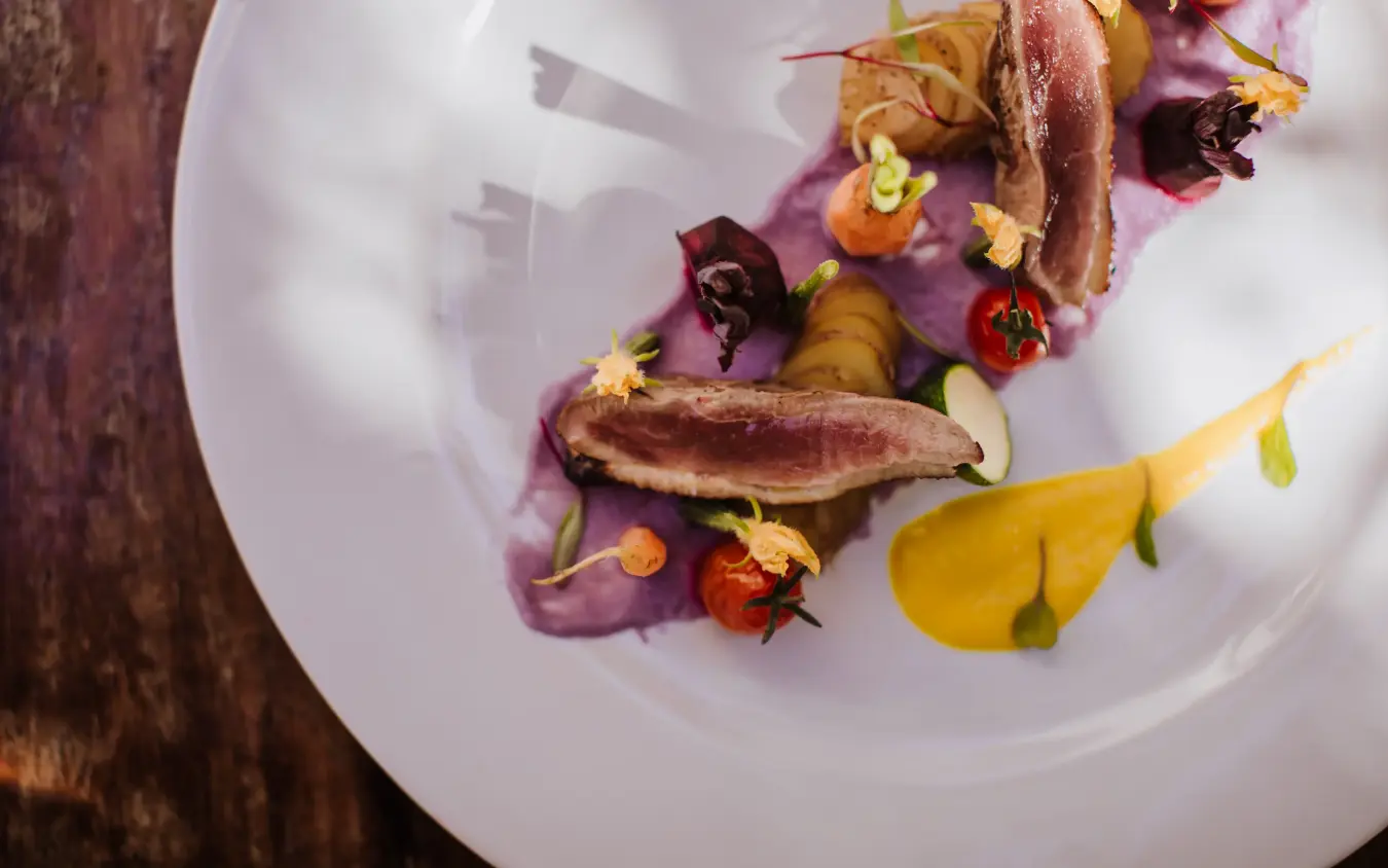 Plated fine dining dish with purple sauce and garnishes, Xanadu Villas, Zanzibar & Pemba, Tanzania
