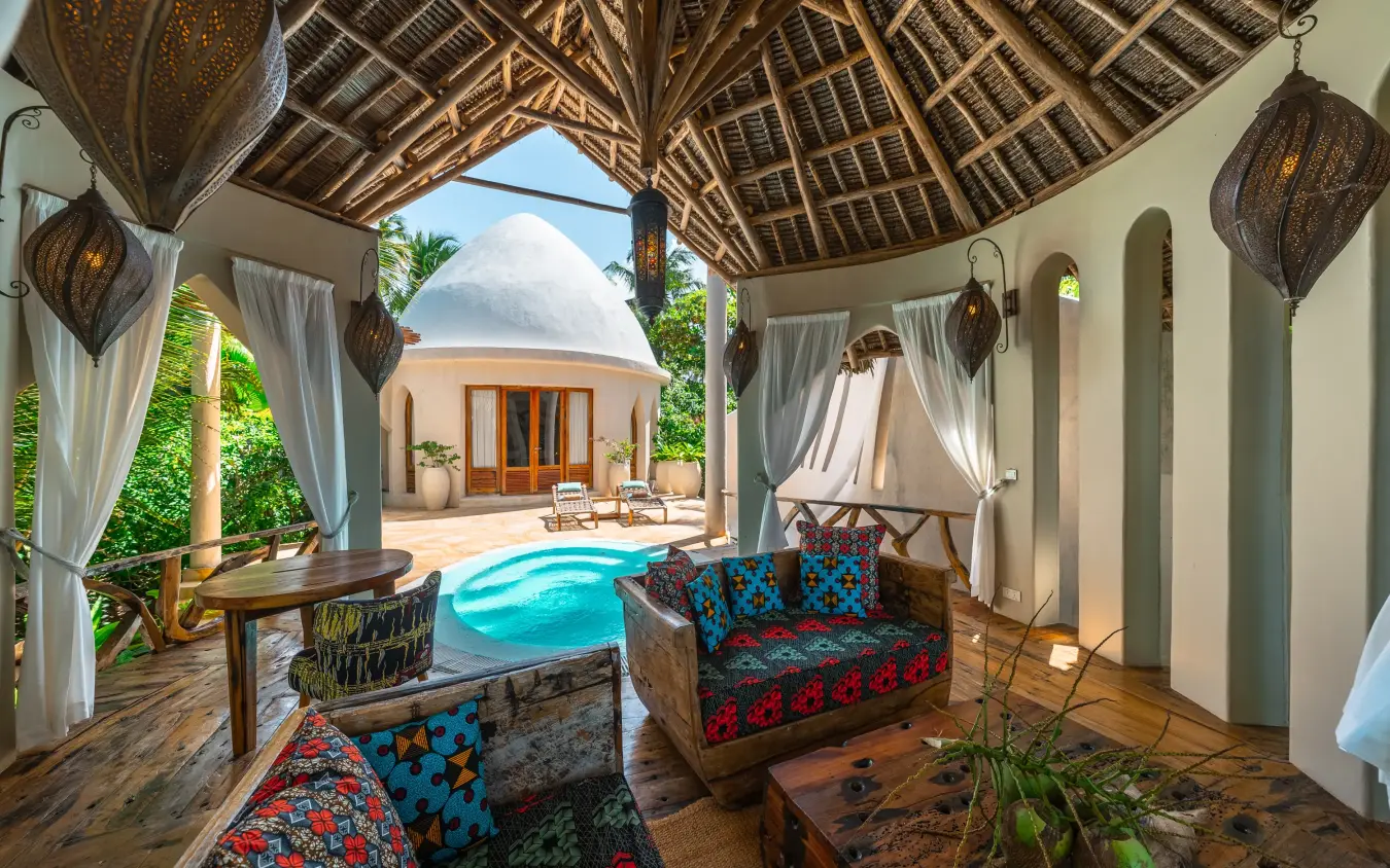 Covered lounge area with pool view and tropical furnishings, Xanadu Villas, Zanzibar & Pemba, Tanzania