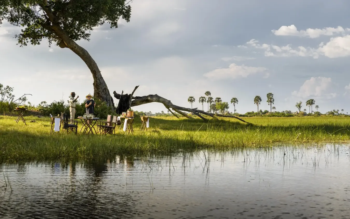 Guests on mokoro boat in calm waterway surrounded by grass, Xigera Lodge, The Okavango Delta, Botswana