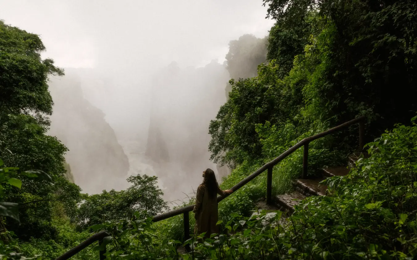 Hiker on misty mountain trail overlooking forested valley, Zambezi Sands, Victoria Falls, Zimbabwe
