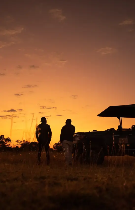 Silhouetted safari vehicle at sunset with guests watching, Selinda Reserve, Botswana