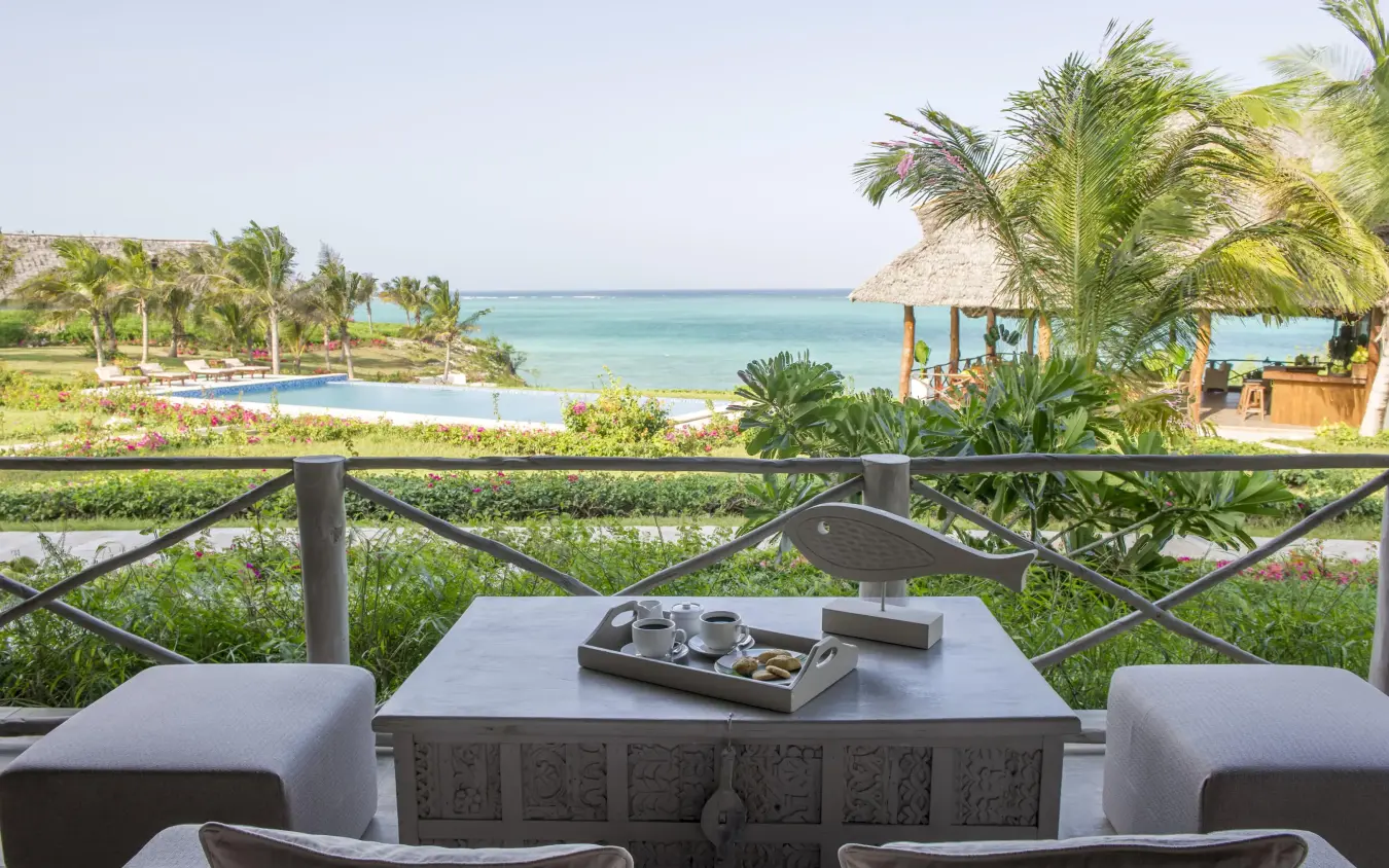 Oceanfront terrace overlooking tropical gardens and beach, Zawadi Hotel, Zanzibar & Pemba, Tanzania