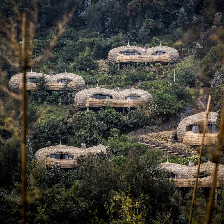 Distinctive dome-shaped buildings nestled among forested hillside, Bisate Lodge, Volcanoes National Park, Rwanda