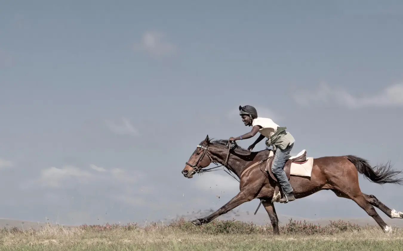 Rider on horseback galloping across open grassland, Borana Lodge, Laikipia Highlands, Kenya