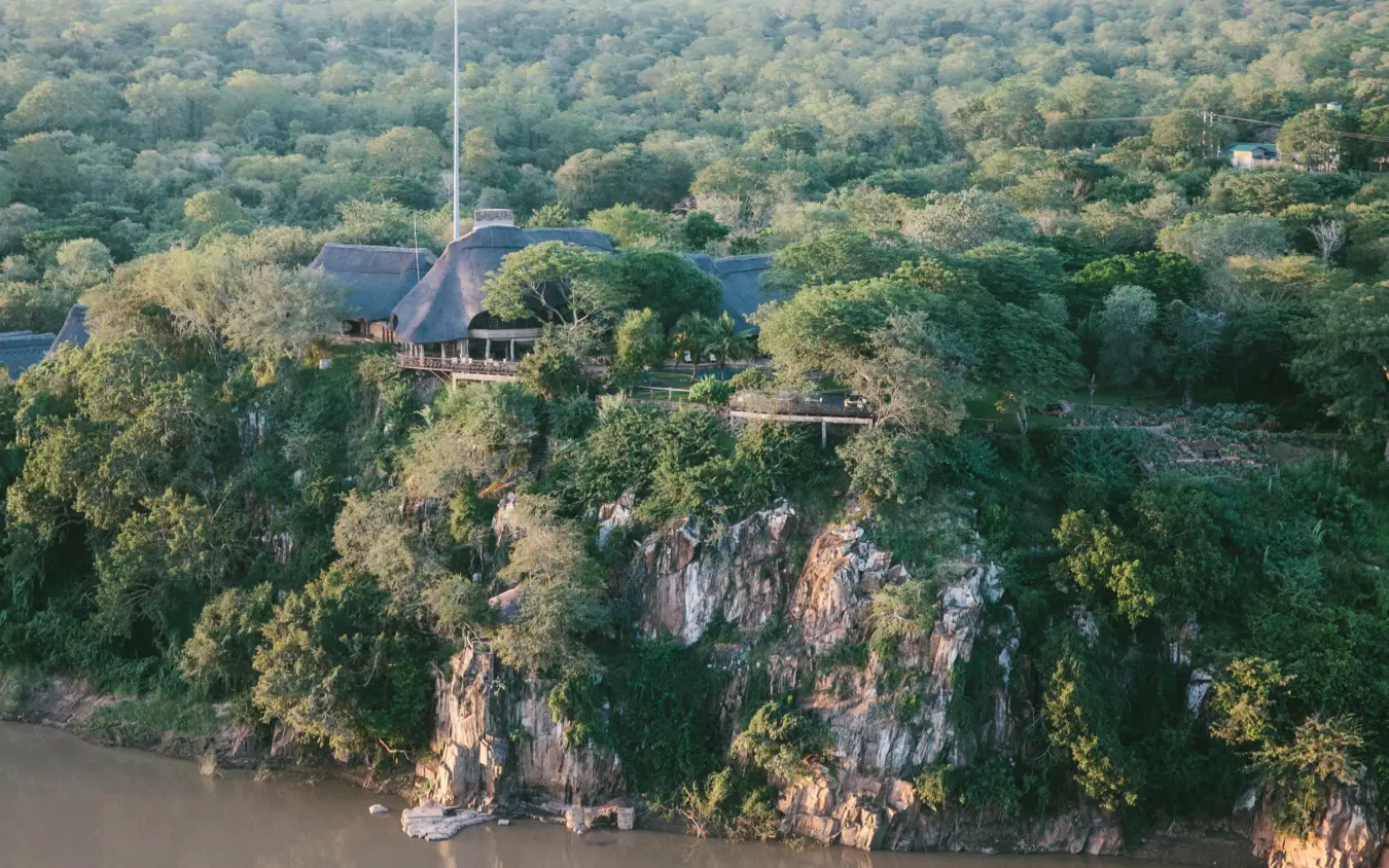 Clifftop lodge overlooking river surrounded by dense forest, Chilo Gorge Safari Lodge, Gonarezhou & Malilangwe, Zimbabwe