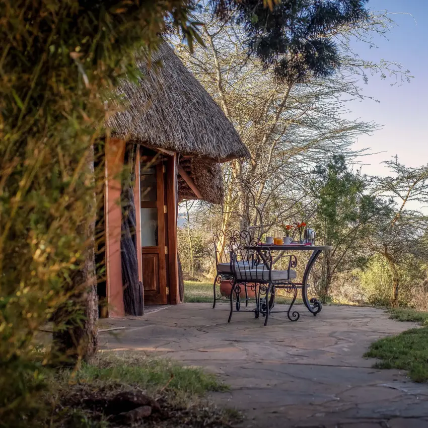 Thatched-roof lodge cabin with viewing deck overlooking acacia woodland valley, Kifaru House, Laikipia Highlands, Kenya