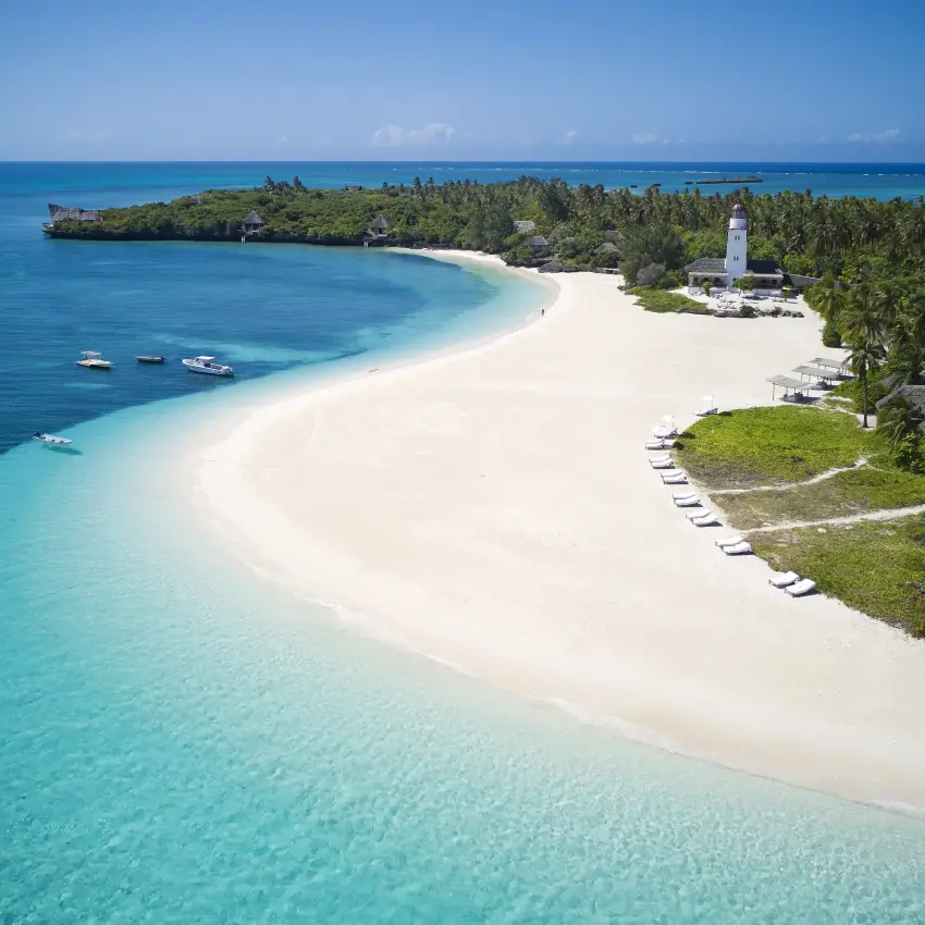 Aerial view of tropical island with white sand beach and turquoise lagoon, Laba Fanjove, Zanzibar & Pemba, Tanzania