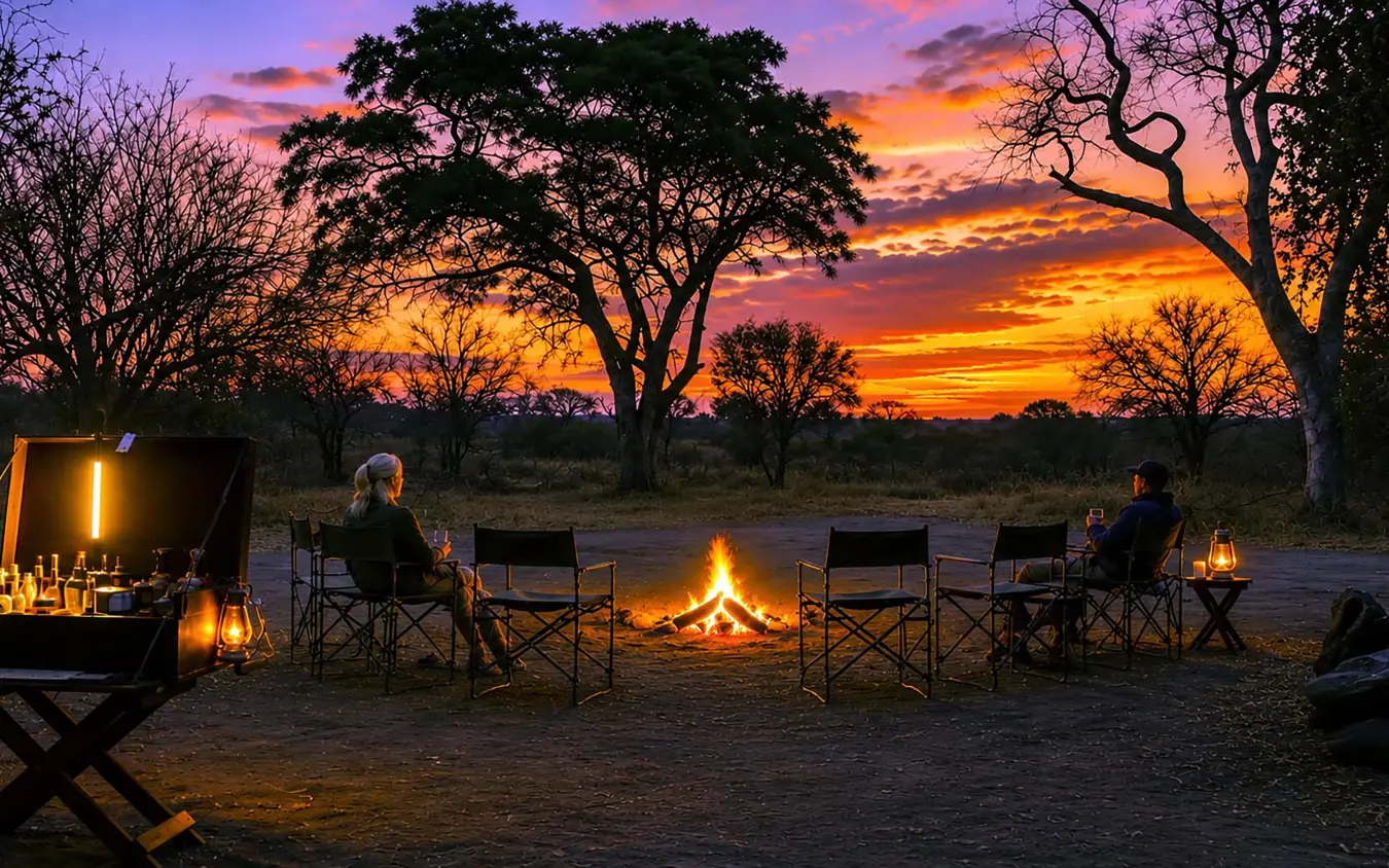 Guests seated around campfire at sunset with acacia trees and lanterns
