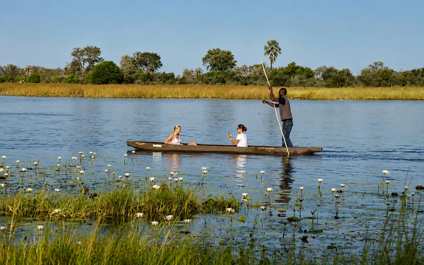 Mokoro boat with polers navigating through waterway with water lilies