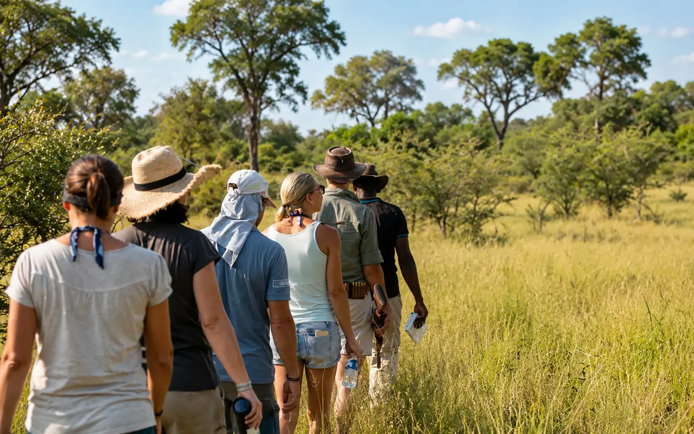 Group of guests walking on guided safari game walk through grassland savanna