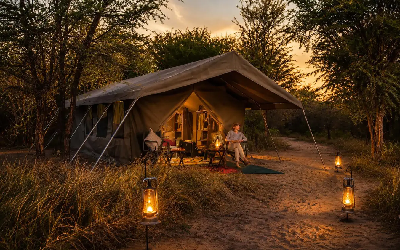 Glamping tent with guests around fire at dusk in woodland