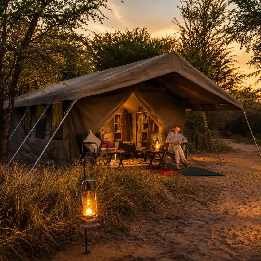 Glamping tent with guests around fire at dusk in woodland