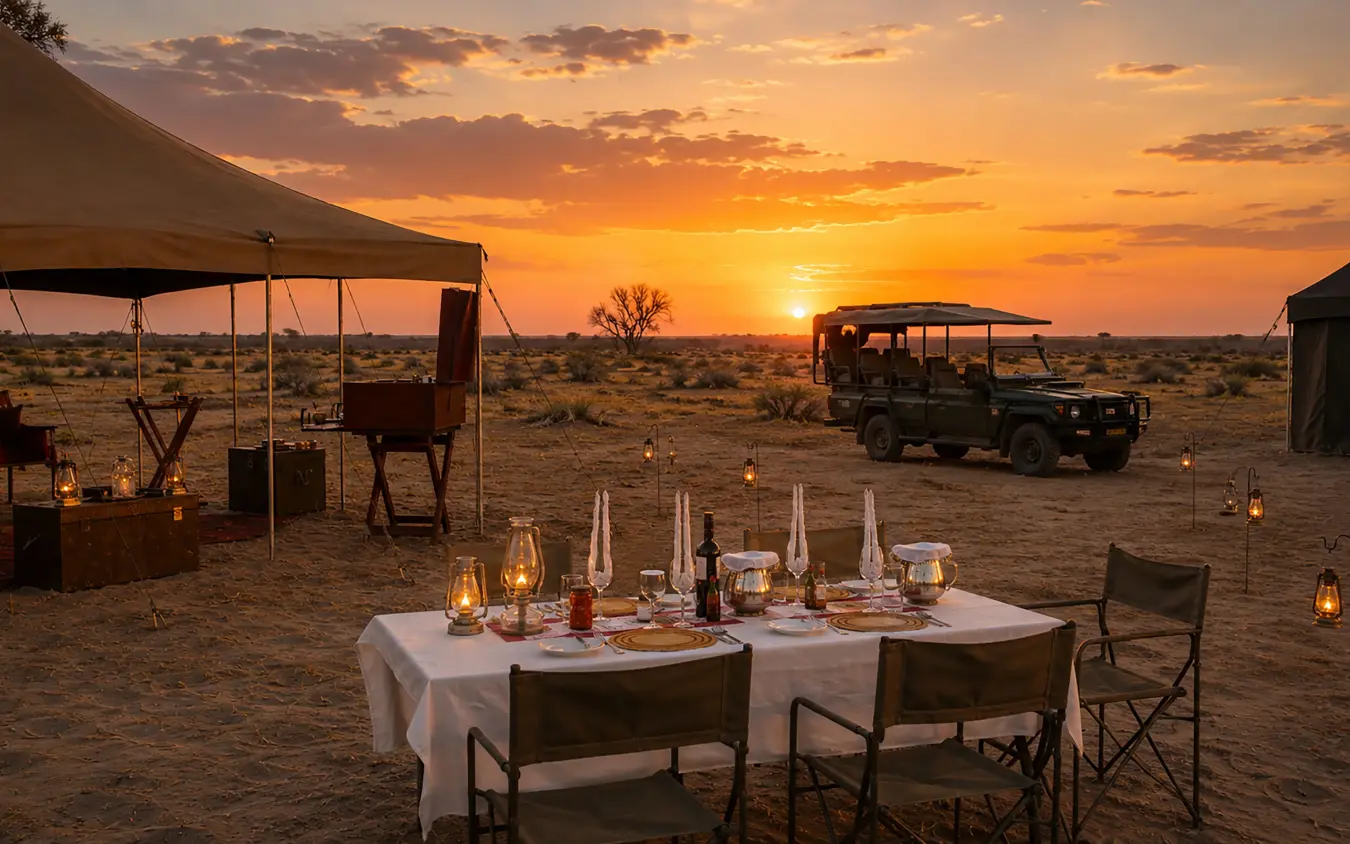 Dinner table set up in desert landscape at sunset with safari vehicle nearby