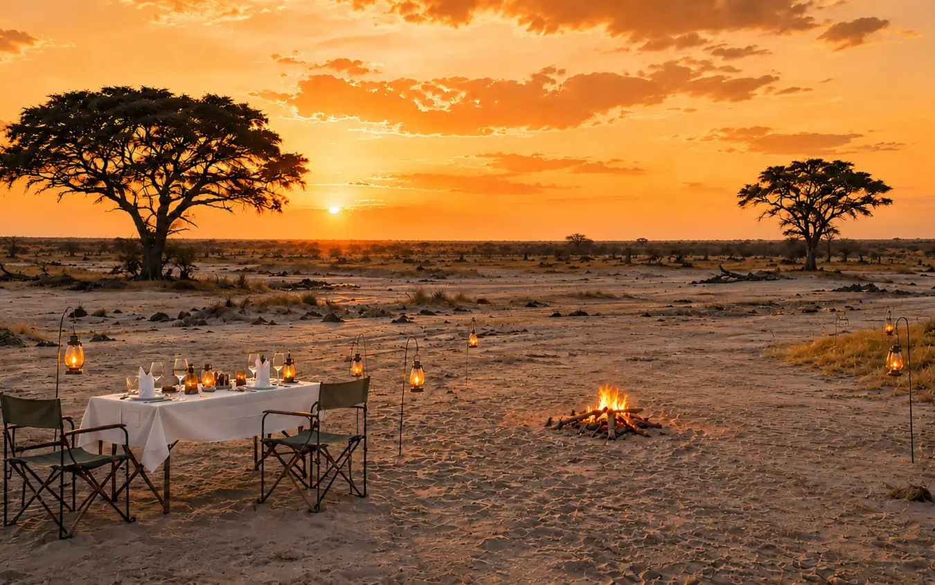 Dinner table set up in savanna landscape at sunset with acacia trees