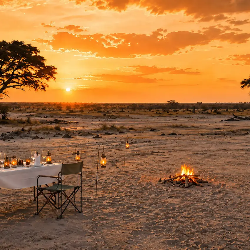 Dinner table set up in savanna landscape at sunset with acacia trees