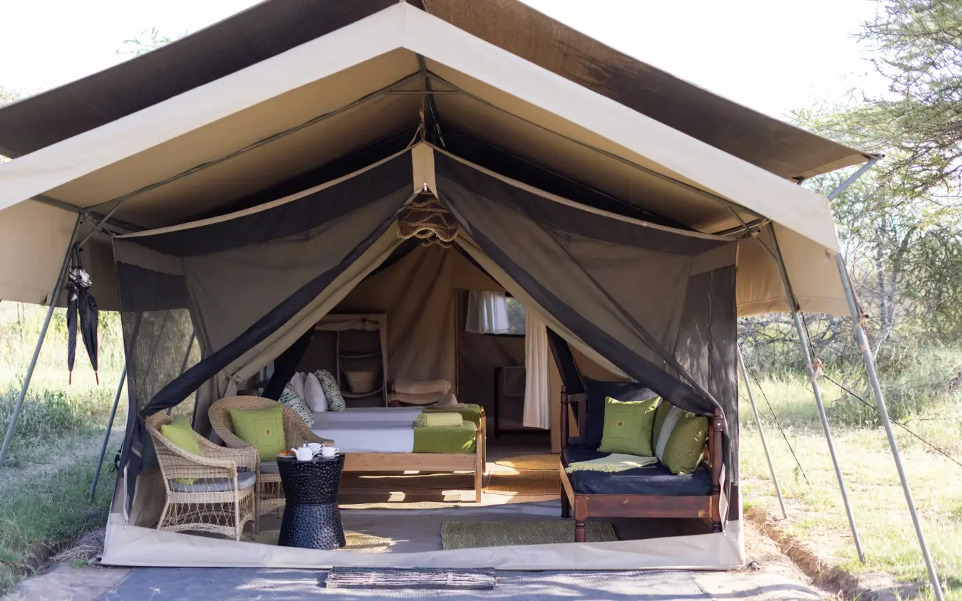 Luxury safari tent with open canvas drapes and green furnishings in bush setting, Serengeti North Wilderness Camp, Serengeti National Park, Tanzania