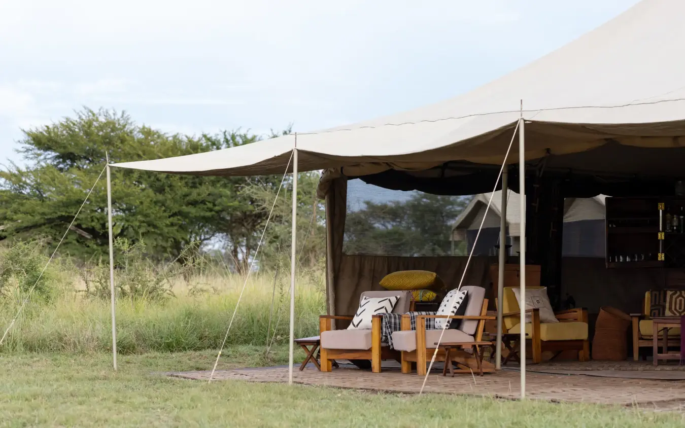 Luxury safari tent with canvas awning and wooden furnishings in grassland, Serengeti Wilderness Camp, Serengeti National Park, Tanzania