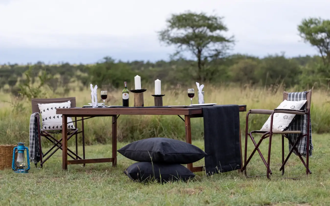 Elegant outdoor dining setup on savanna grassland with acacia trees, Serengeti Wilderness Camp, Serengeti National Park, Tanzania