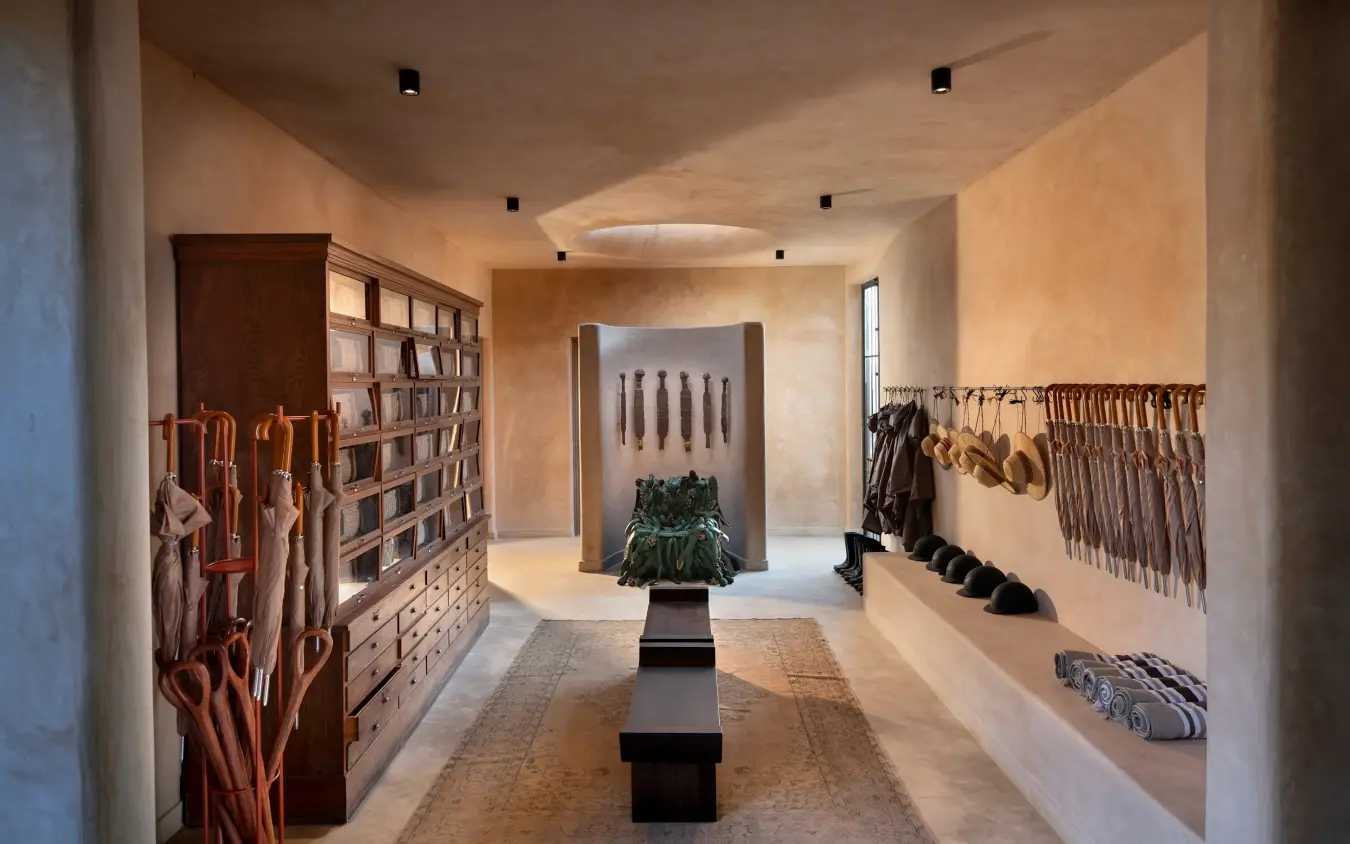 Luxury retail interior displaying leather goods and hunting equipment, Suyian Lodge, Laikipia Highlands, Kenya