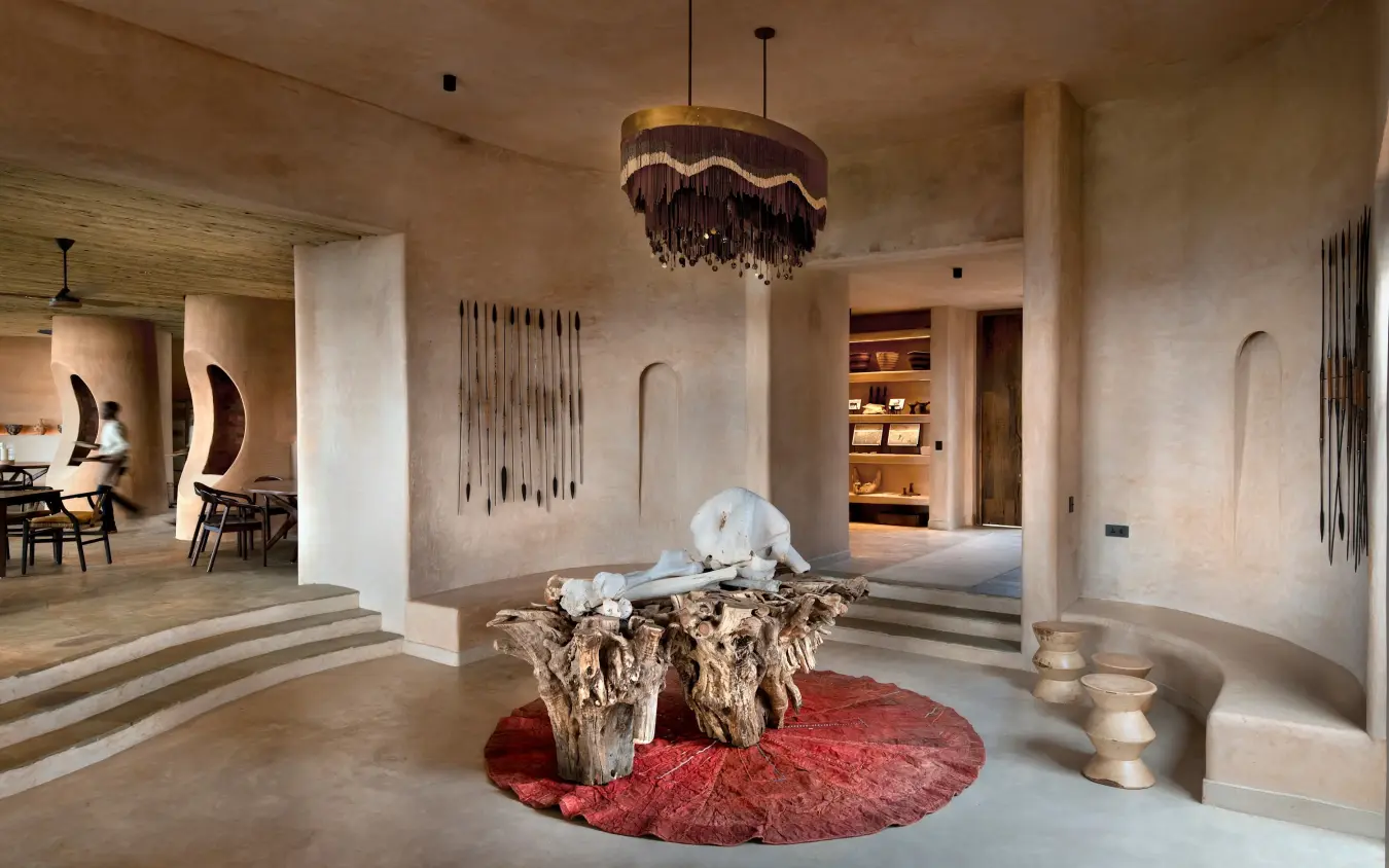 Sculptural interior space with natural materials and warm earth tones, Suyian Lodge, Laikipia Highlands, Kenya
