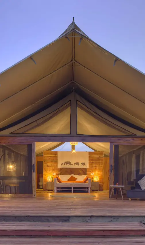 Luxury canvas tent with wooden deck lit up at dusk in savanna landscape, Tarangire Ndovu Tented Lodge, Tarangire National Park, Tanzania