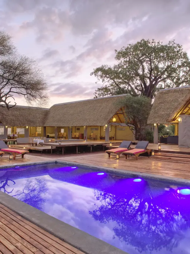 Luxury lodge with illuminated pool at dusk surrounded by African savanna trees, Tarangire Ndovu Tented Lodge, Tarangire National Park, Tanzania