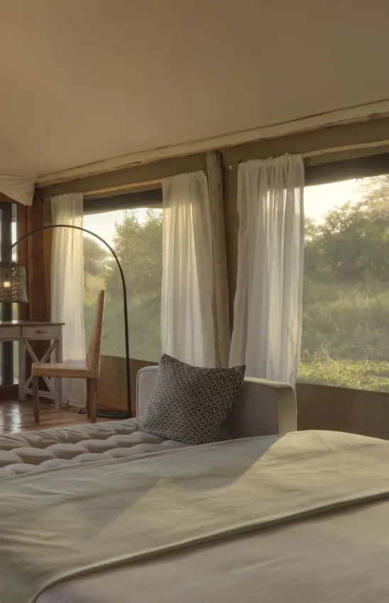 Bedroom with views of woodland landscape through large windows, Tarangire Ndovu Tented Lodge, Tarangire National Park, Tanzania