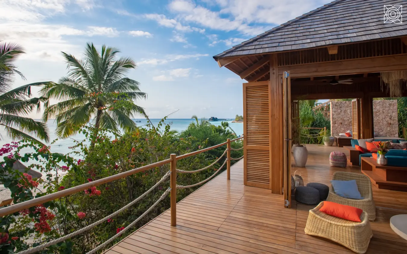Oceanfront villa deck with wooden railings and sea views, Zuri Zanzibar, Zanzibar & Pemba, Tanzania