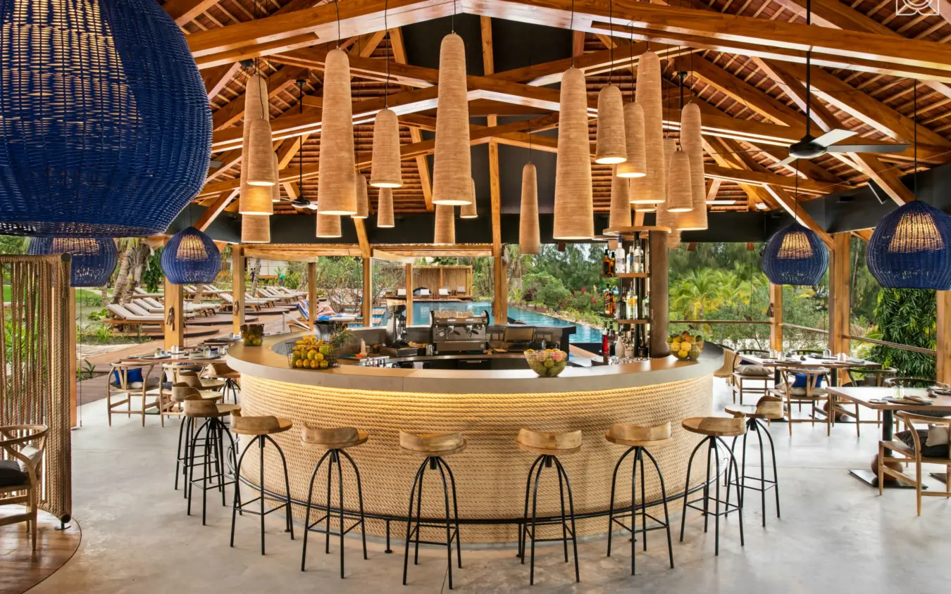Open-air dining pavilion with curved bar and wooden ceiling, Zuri Zanzibar, Zanzibar & Pemba, Tanzania