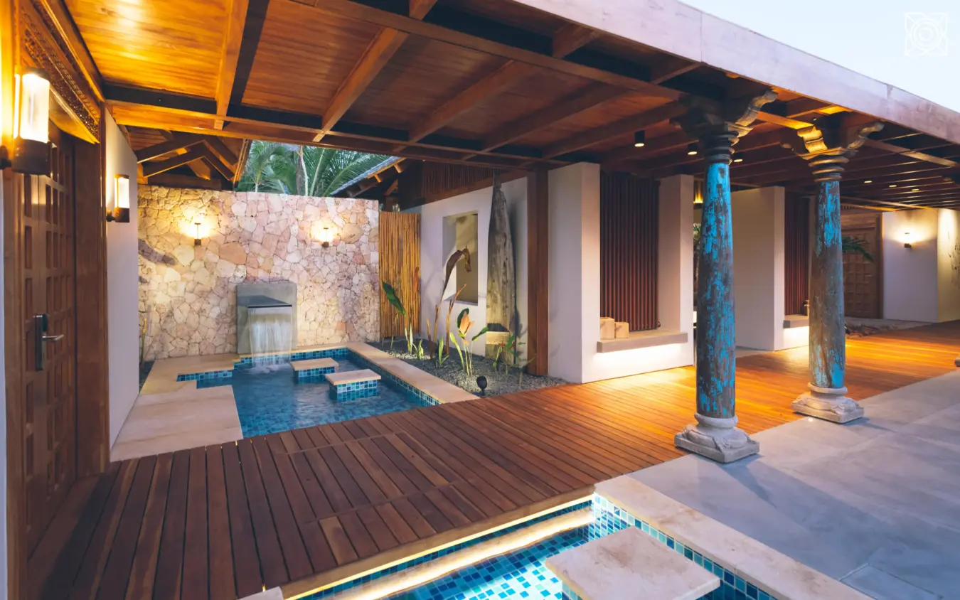 Indoor spa pool area with blue tile and wooden deck, Zuri Zanzibar, Zanzibar & Pemba, Tanzania