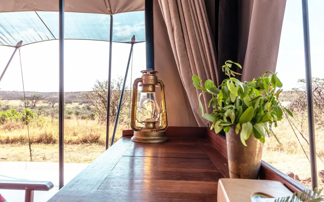 Safari lodge interior with savanna view through canvas tent walls, Basecamp Wilderness, Maasai Mara, Kenya