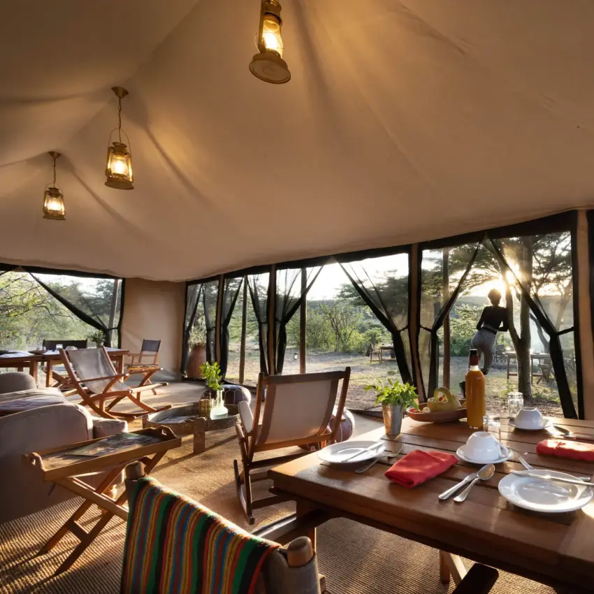 Safari lodge interior with dining area overlooking forested valley, Basecamp Wilderness, Maasai Mara, Kenya