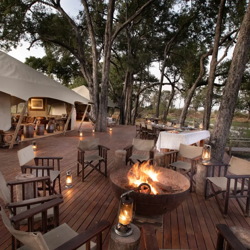 Guests seated around firepit on wooden deck beneath tall trees at dusk, Duba Explorers Camp, The Okavango Delta, Botswana