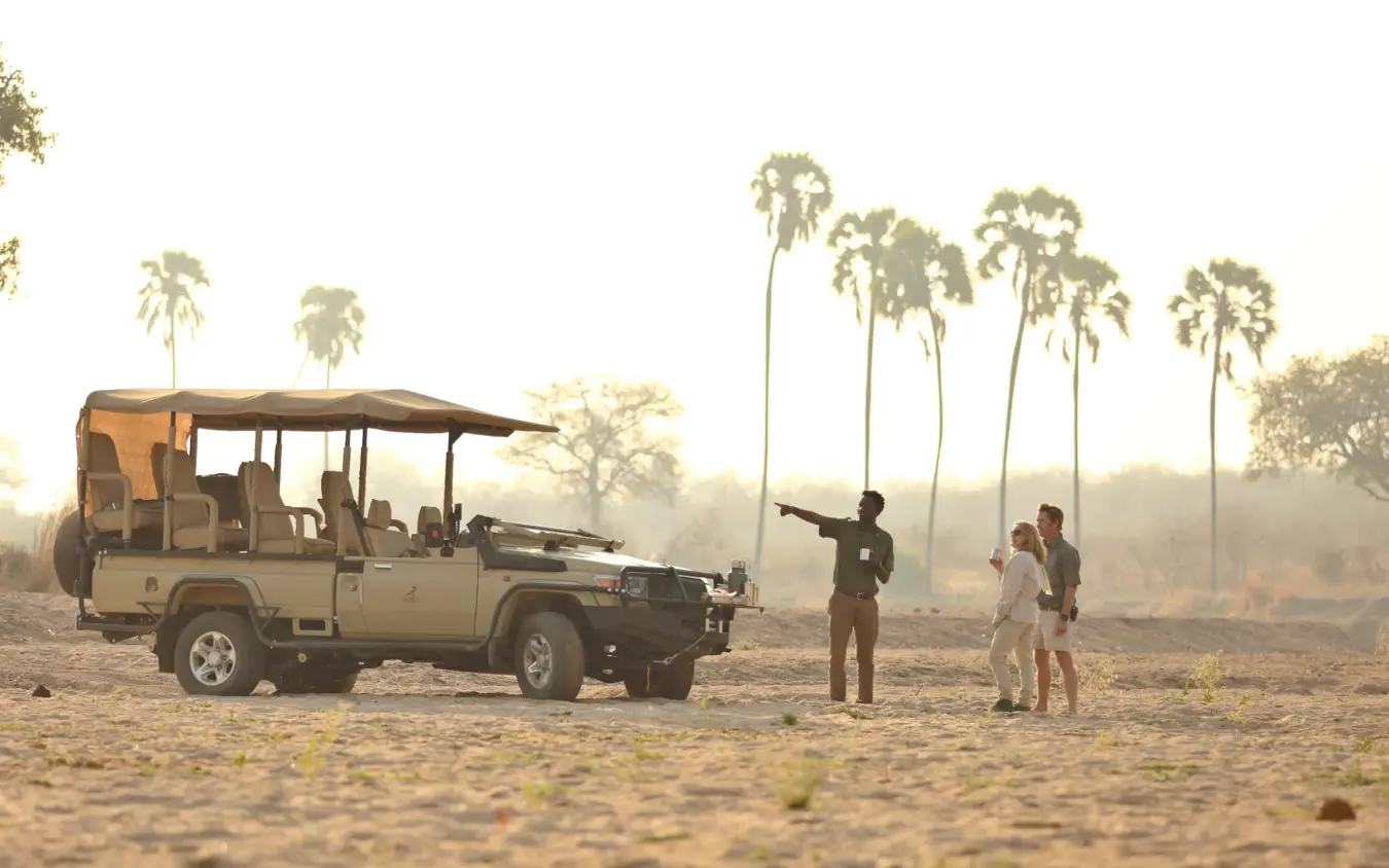 Safari vehicle with guide pointing out wildlife to guests in woodland savanna, Ikuka Safari Camp, Ruaha National Park, Tanzania