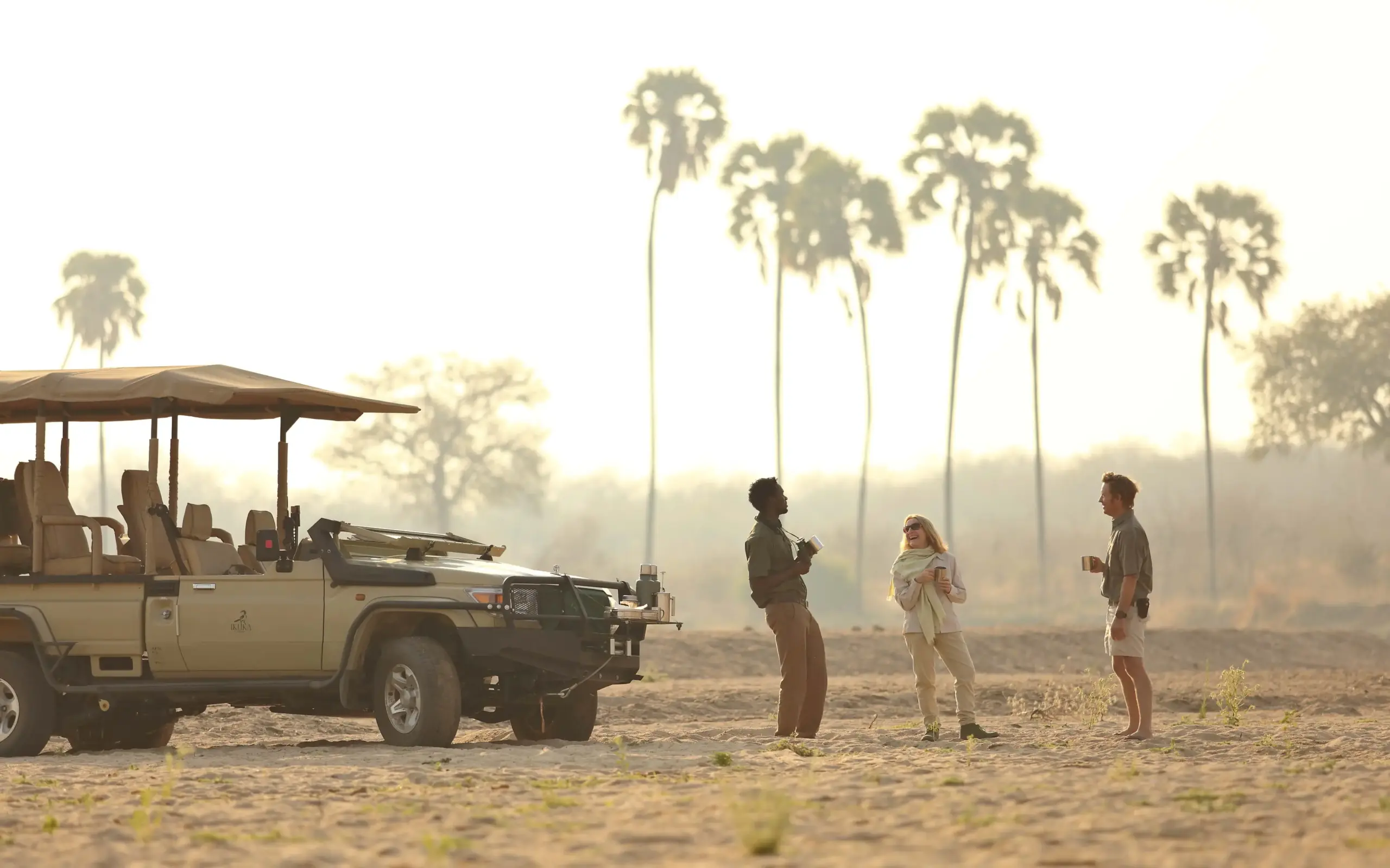 Safari guide with guests by vehicle at dawn among palm trees, Ikuka Safari Camp, Ruaha National Park, Tanzania