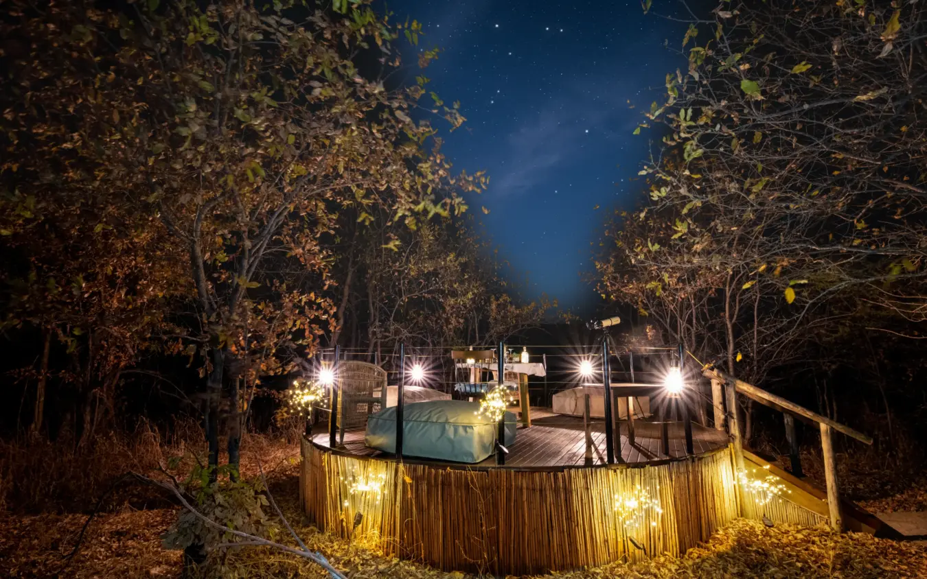 Illuminated treehouse platform with bed under starry night sky surrounded by forest, Ikuka Safari Camp, Ruaha National Park, Tanzania