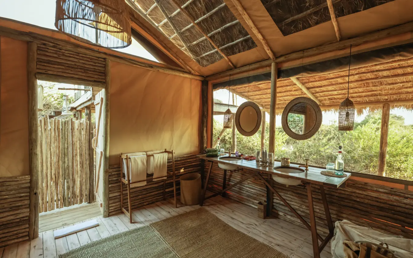 Open-air safari lodge interior with thatched roof and woodland views, Kigelia Ruaha, Ruaha National Park, Tanzania