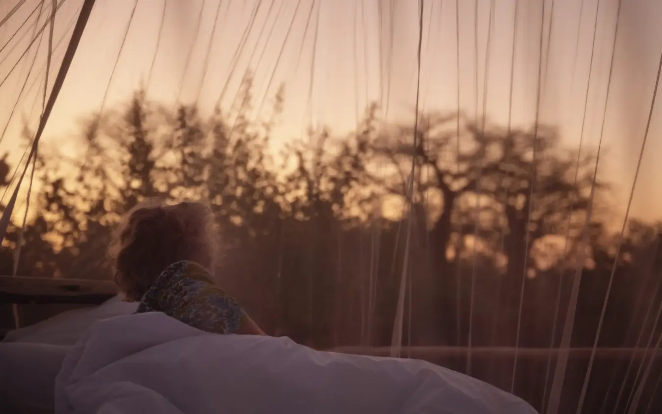 Person in bed viewing landscape through sheer curtains at dusk, Kigelia Ruaha, Ruaha National Park, Tanzania