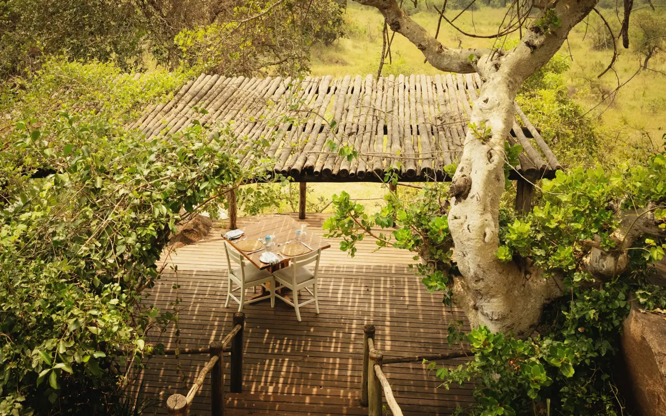 Wooden deck with dining table under thatched shelter surrounded by lush vegetation, Lamai Serengeti, Serengeti National Park, Tanzania