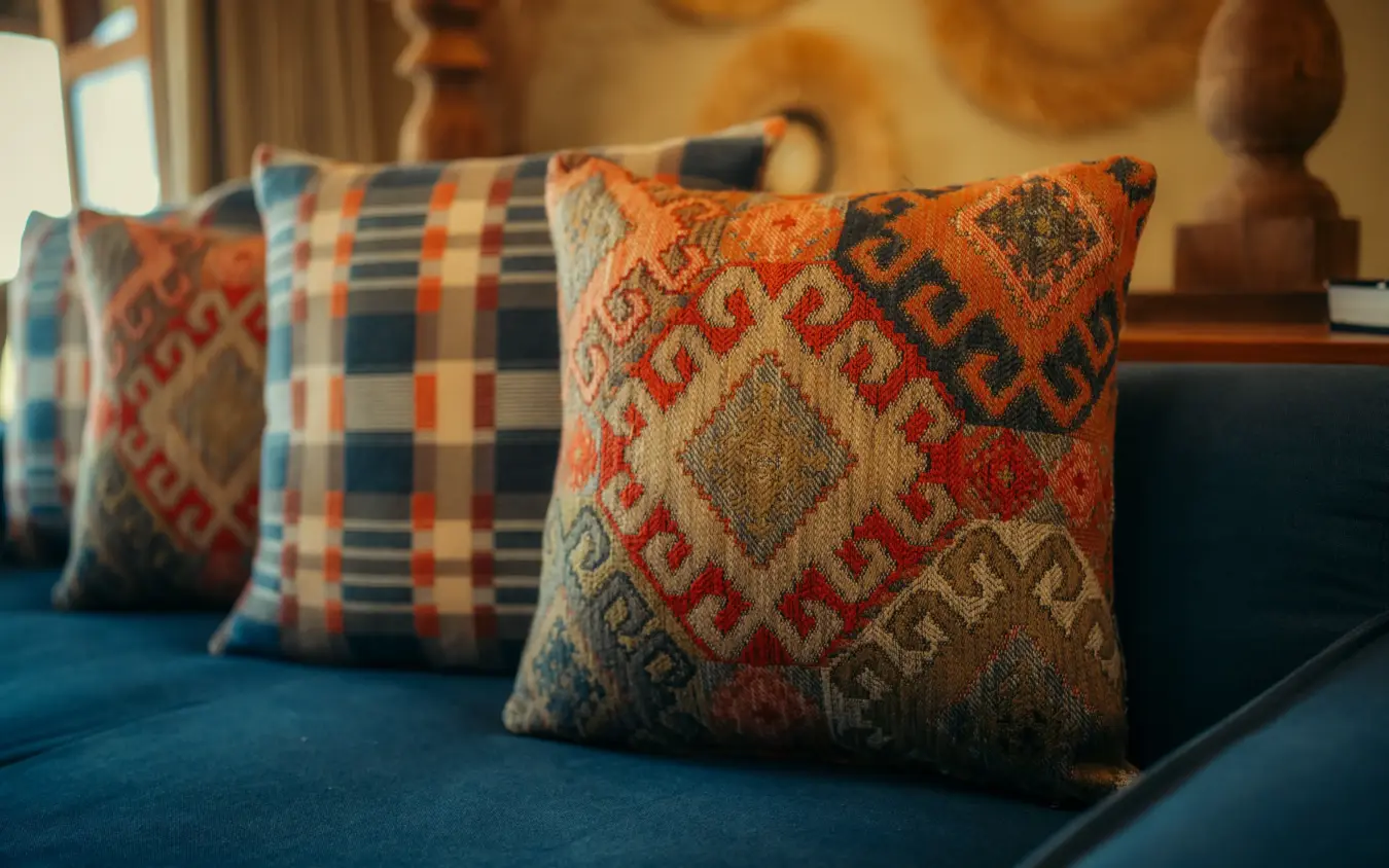Decorative patterned cushions arranged on blue upholstered seating in lodge interior, Lewa House, Laikipia Highlands, Kenya