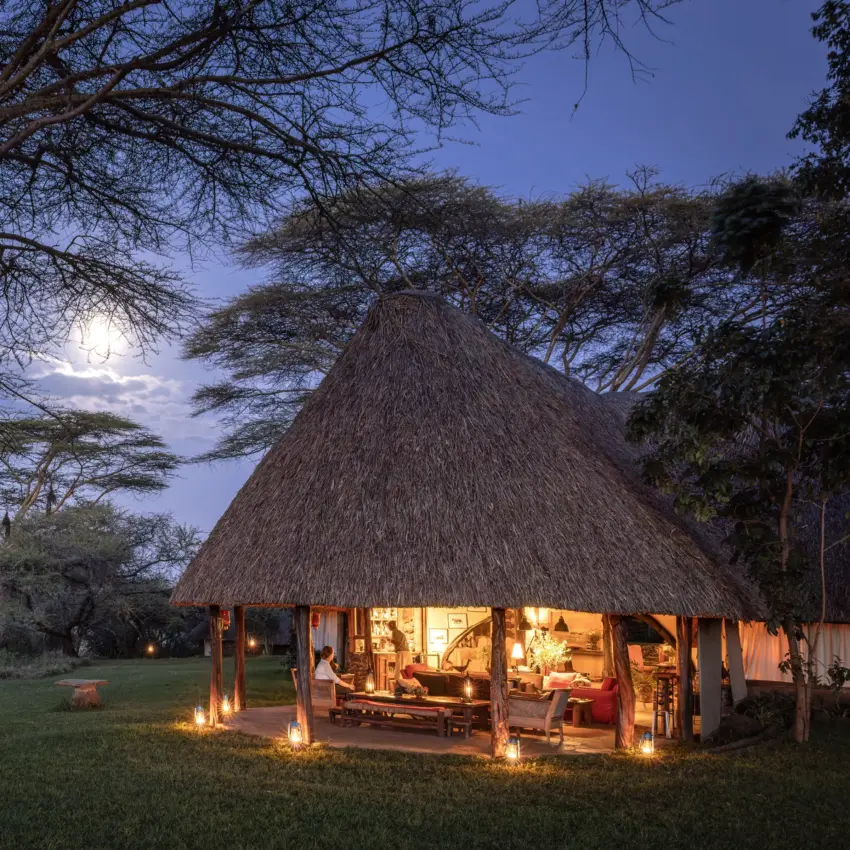 Illuminated thatched-roof lounge pavilion at dusk with acacia trees, Lewa House, Laikipia Highlands, Kenya