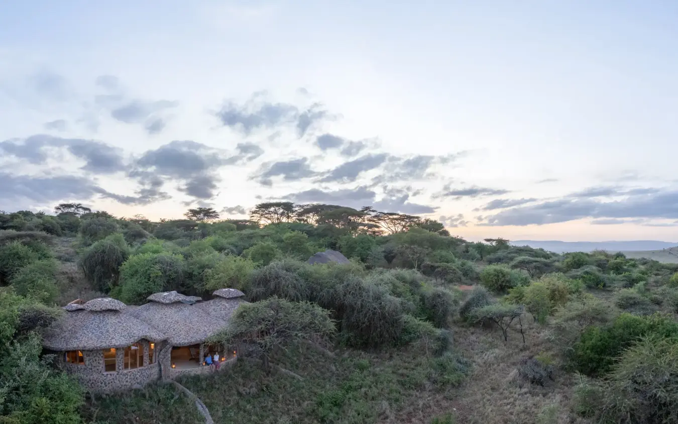 Thatched-roof lodge nestled in acacia woodland at dusk, Lewa House, Laikipia Highlands, Kenya
