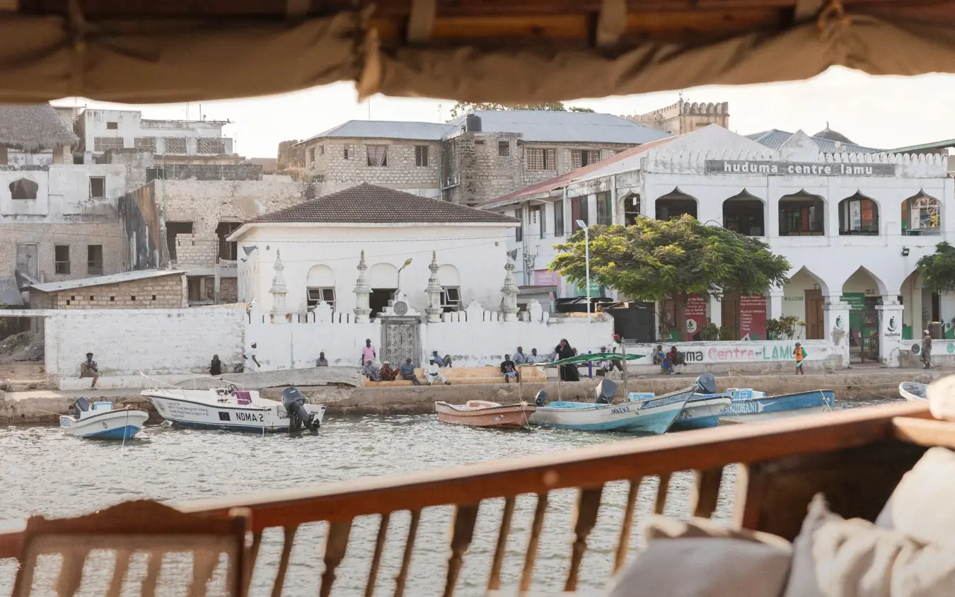 Fishing boats moored in coastal harbor with whitewashed waterfront buildings, NaiSabah, Lamu Archipelago, Kenya