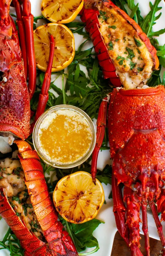 Grilled lobster with citrus and herbs plated on white surface, Nderit House, Kilifi, Kenya