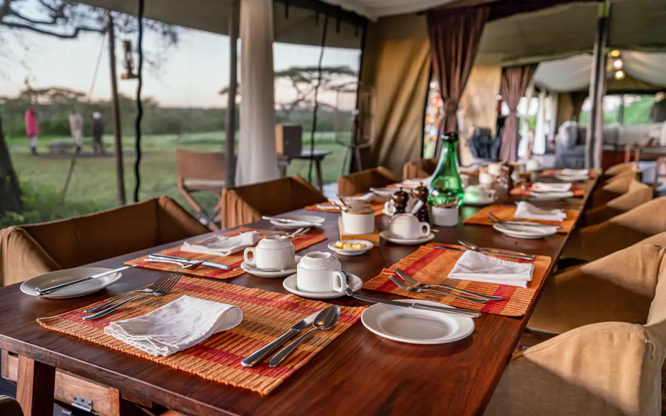 Dining tent with set table overlooking grassland at dusk, Ndutu Mobile Tented Camp, Serengeti National Park, Tanzania