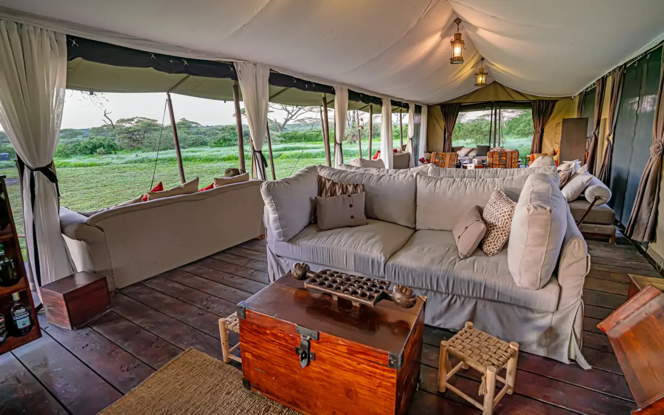Safari lodge tent interior with savanna views through large windows, Ndutu Mobile Tented Camp, Serengeti National Park, Tanzania