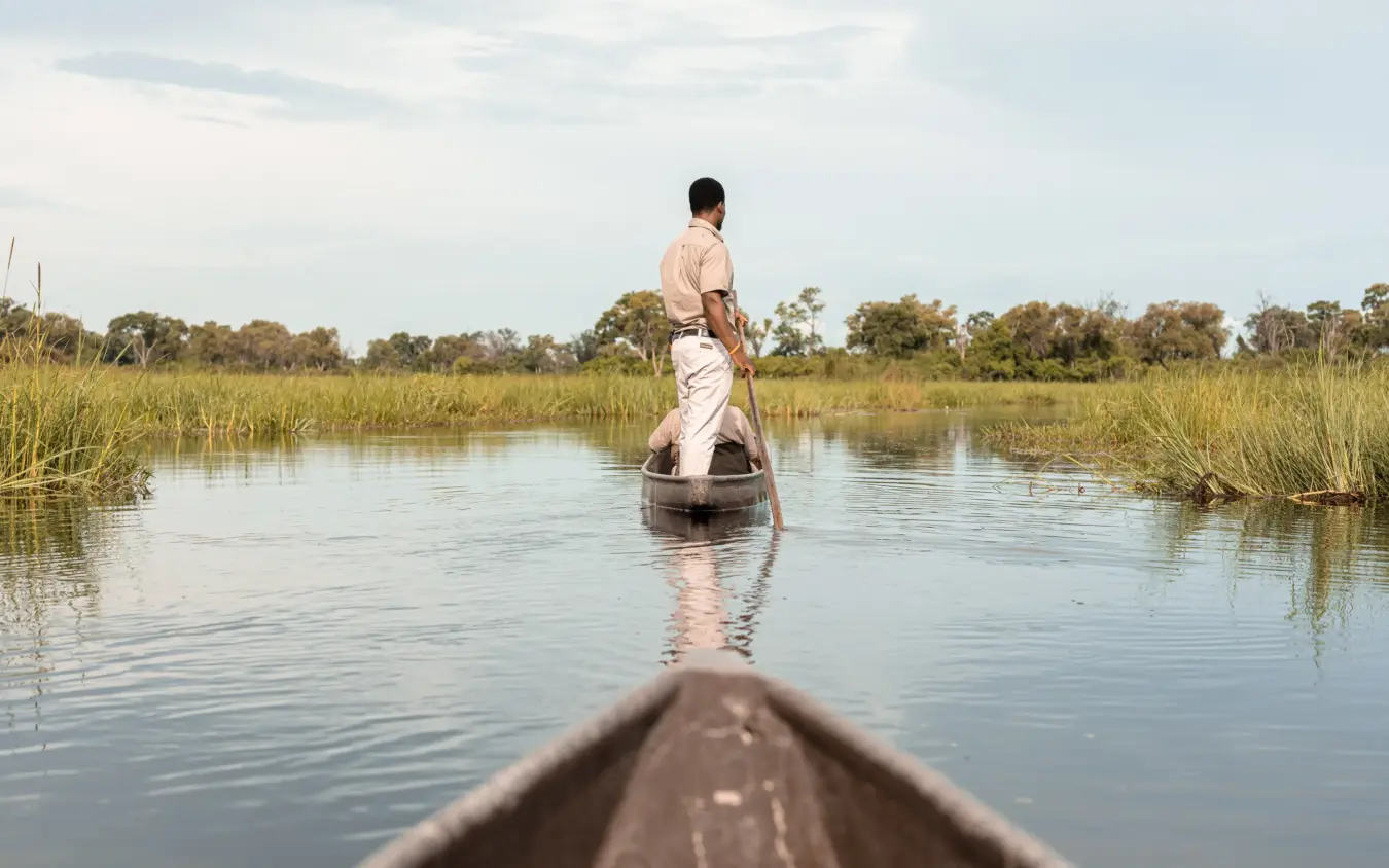 Poler standing in traditional wooden canoe on waterway through wetland, Nkasa Linyanti, Zambezi Region, Namibia