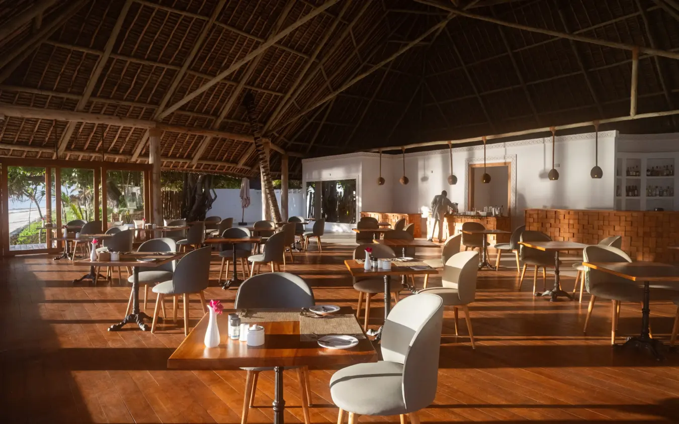 Open-sided dining pavilion with wooden beams and waterfront views, Ocean Boutique Hotel, Zanzibar & Pemba, Tanzania