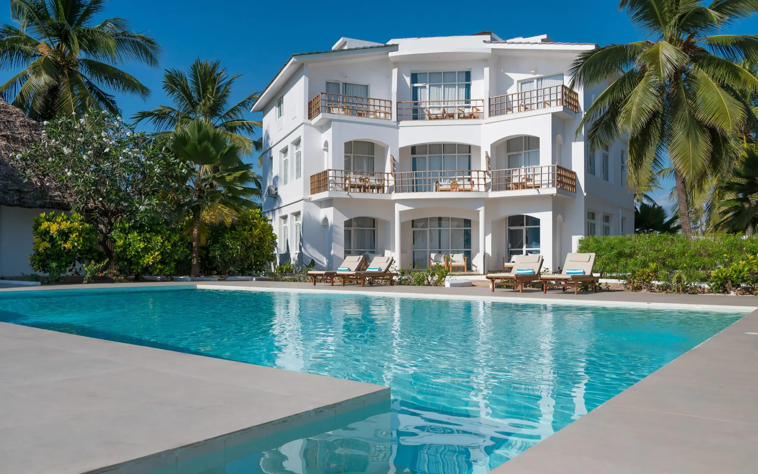 Beachfront villa with swimming pool and palm trees, Ocean Boutique Hotel, Zanzibar & Pemba, Tanzania
