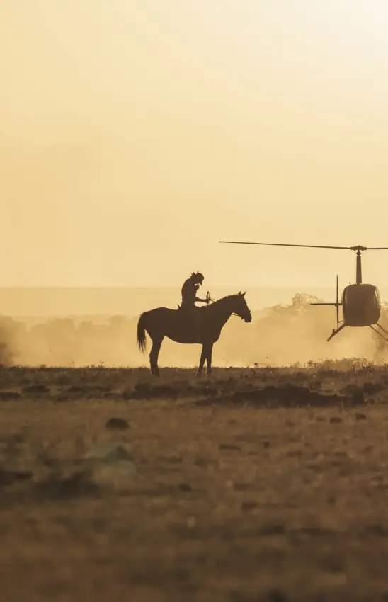 Cowboy on horseback with helicopter on dusty plain at sunset, Ol Malo House, Laikipia Highlands, Kenya